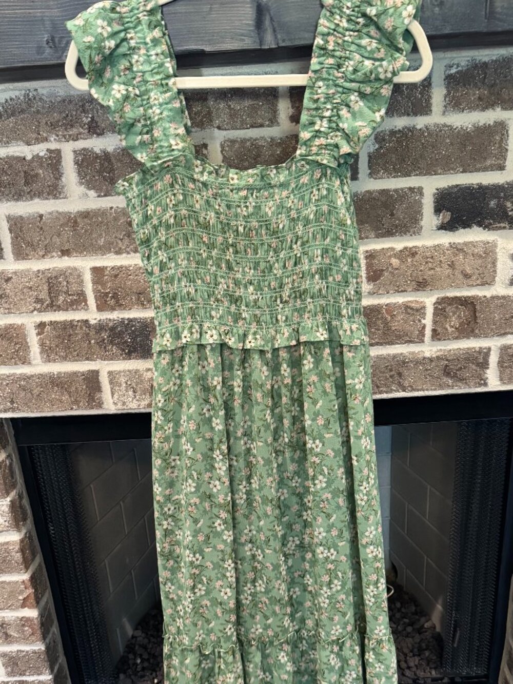 MAX STUDIO Floral Green White Pink Smocked Tiered Maxi Long Dress Medium M